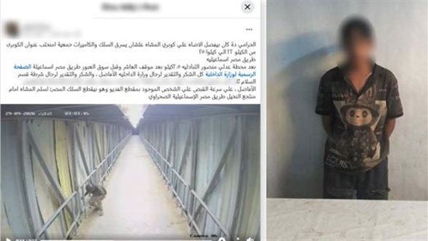ضبط عاطل حاول سرقة أسلاك كهرباء وكاميرات مراقبة من أعلى كوبري مشاة بالسلام